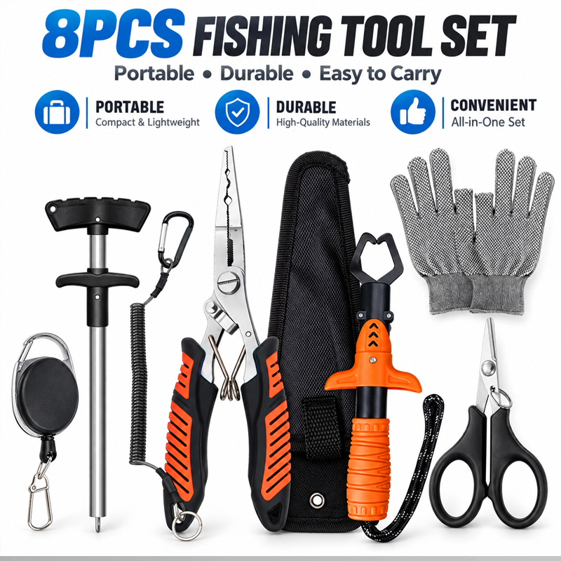 Fishing Equipment Carp - プロ仕様の多機能フィッシングプライヤーセット。魚の口を挟むためのグリップ、フック外し、釣り糸カッター、釣り用ハサミが付属。釣り愛好家向け。