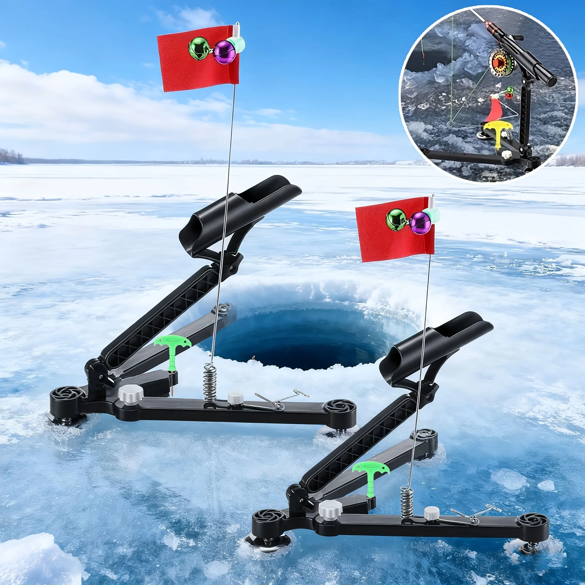 Ice Fishing Tip Up - アイスフィッシング用ロッドホルダー1セット - フィッシングベル（色はランダム）、旗、折りたたみ式ロッドホルダー、およびアイスフィッシング用アクセサリー